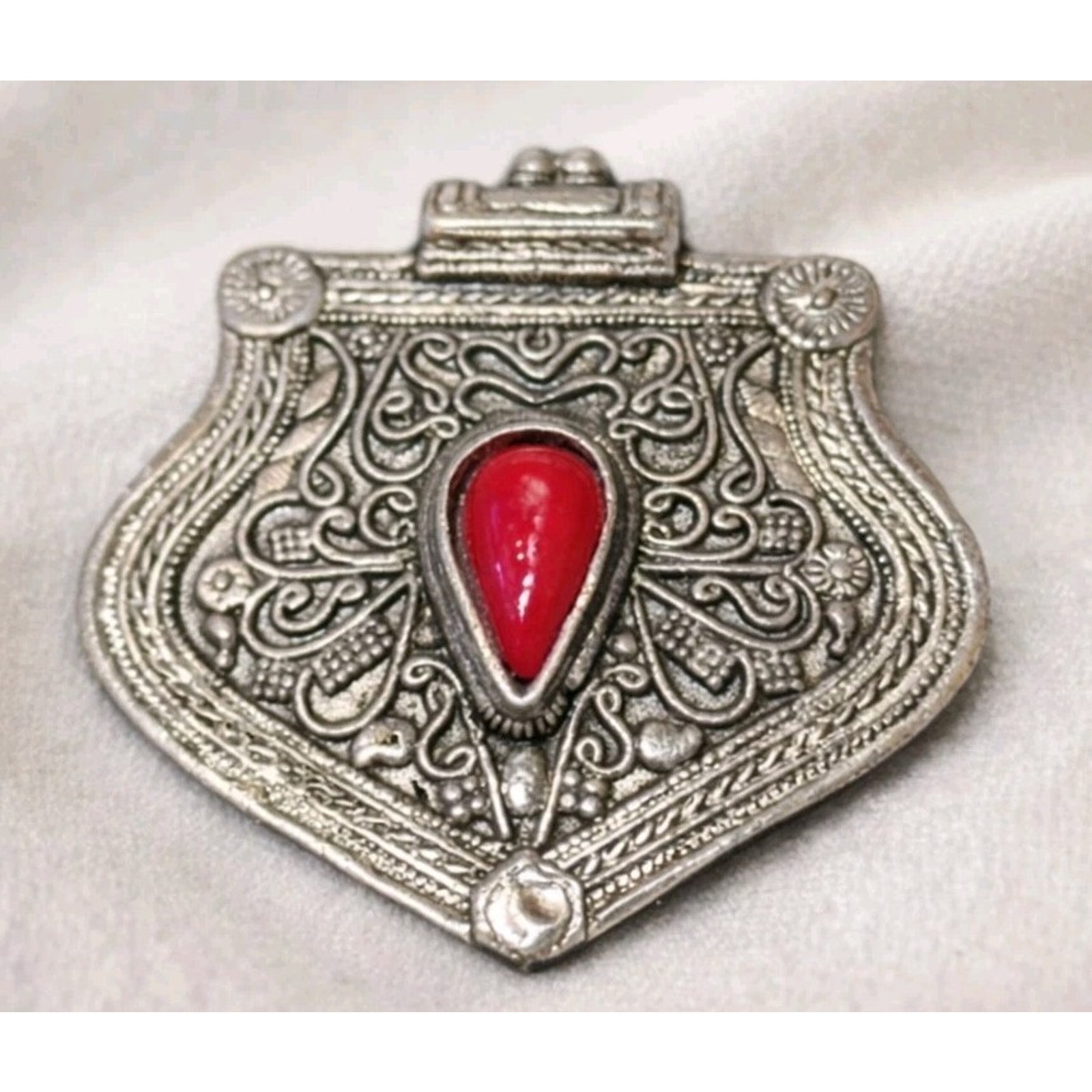 Large Vtg Afghan Turkmen Turkoman 925 Sterling Coral Carnelian Pendant Asyk Boho